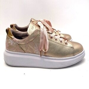 Ted Baker Gold Floral Sneakers Trainers Metallic Ribbon Laces Womens 6/6.5 EU 37